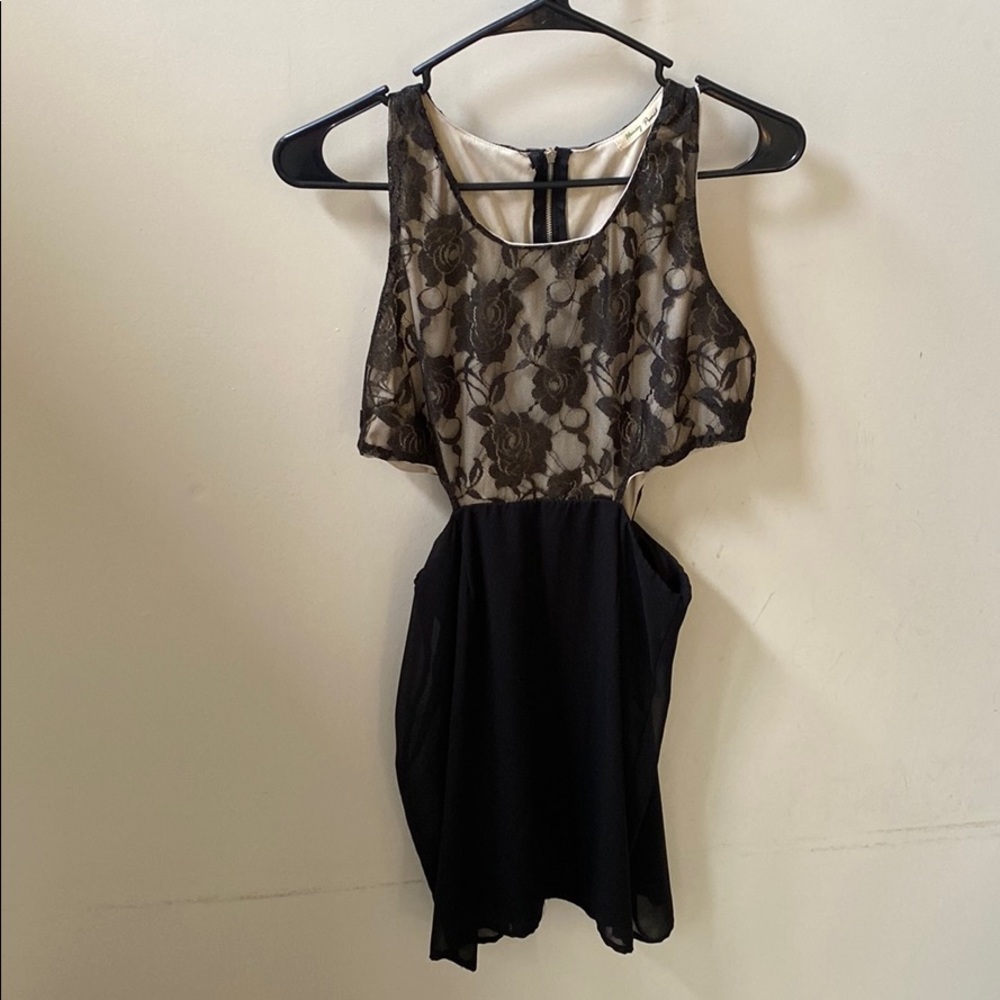 Black lace detail side cut out mini dress